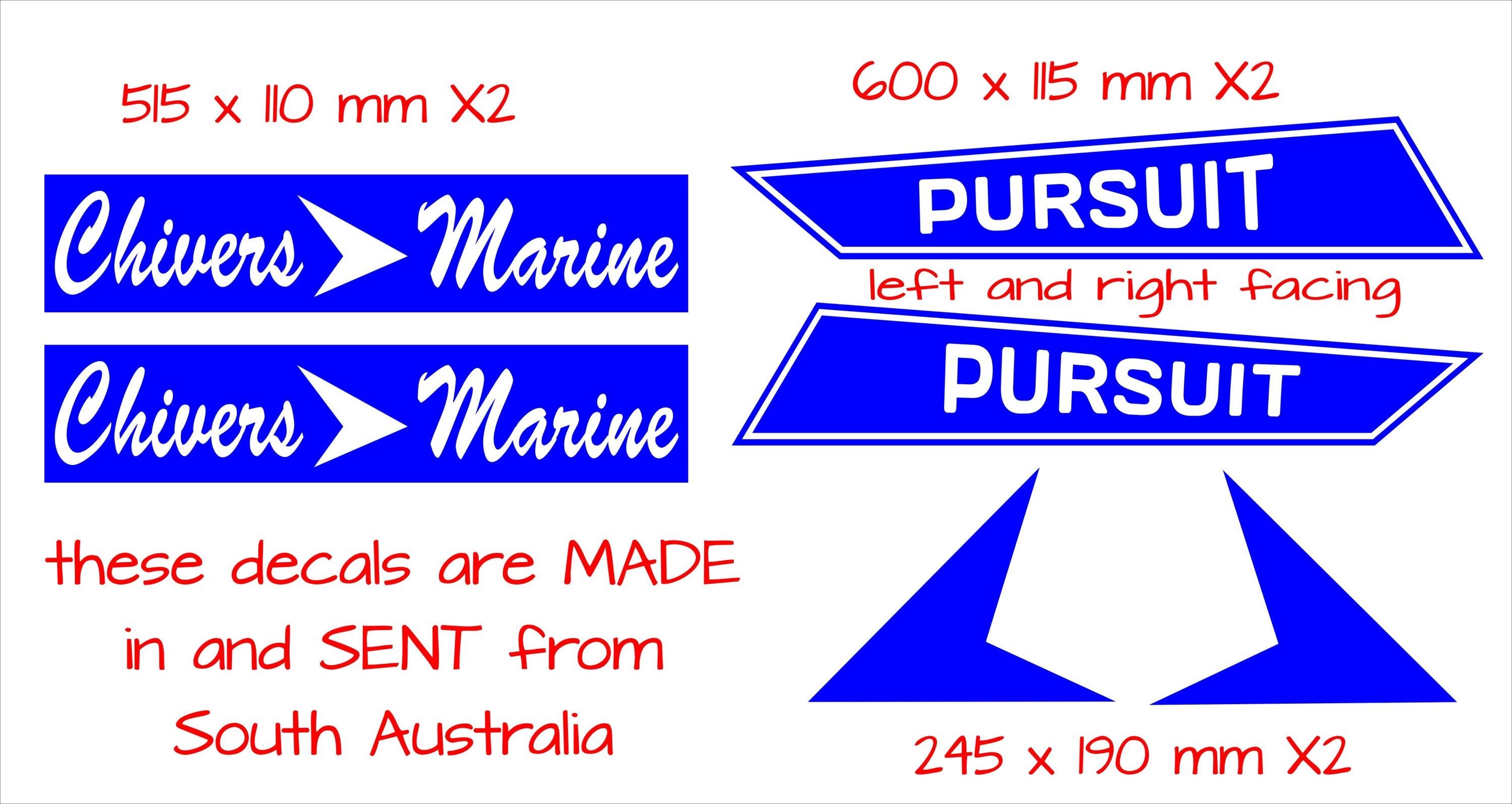 Chivers Pursuit retro Boat decal kit SIX (6)  decals sizes in pics CONFIRM your color