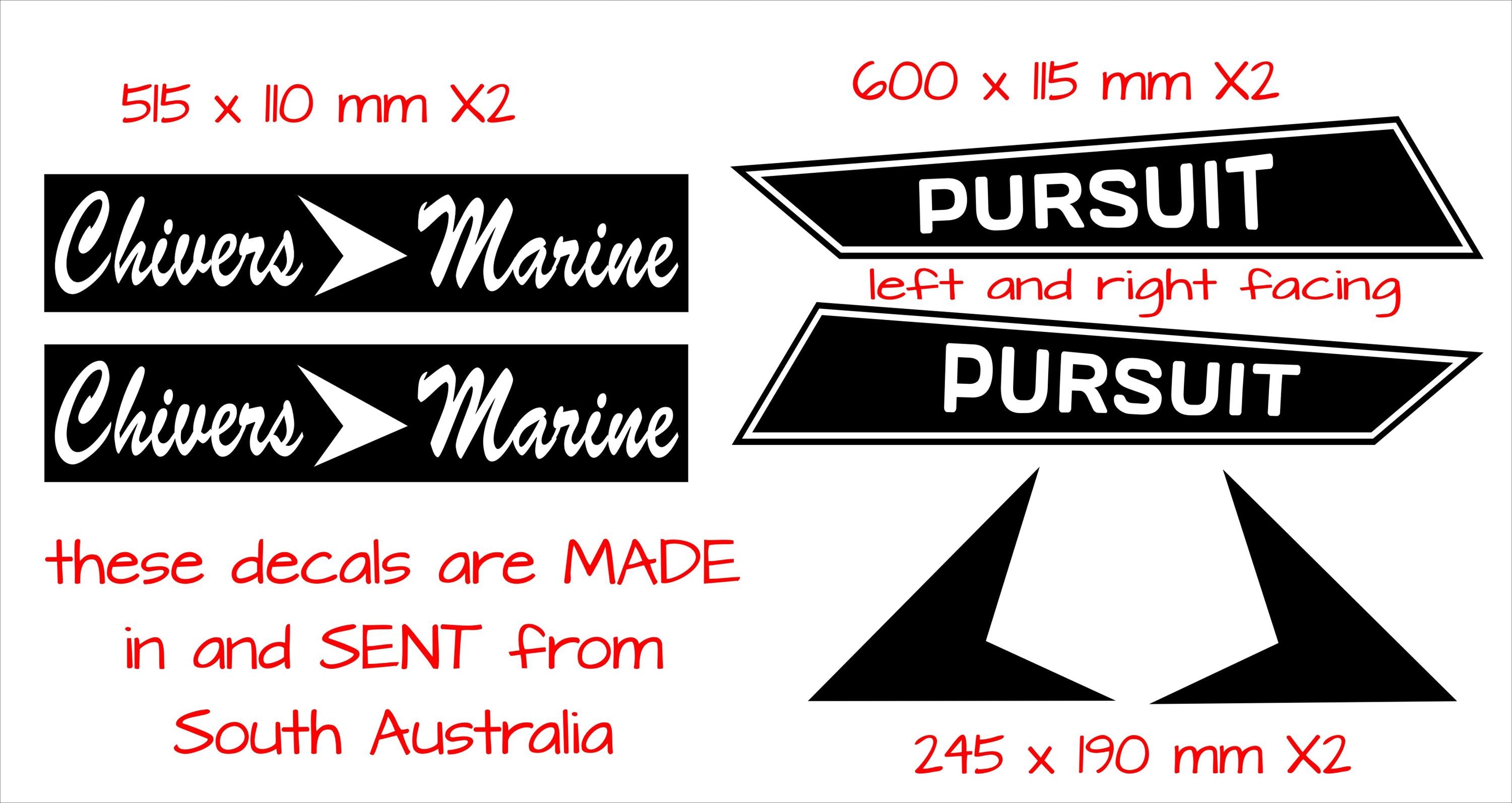 Chivers Pursuit retro Boat decal kit SIX (6)  decals sizes in pics CONFIRM your color